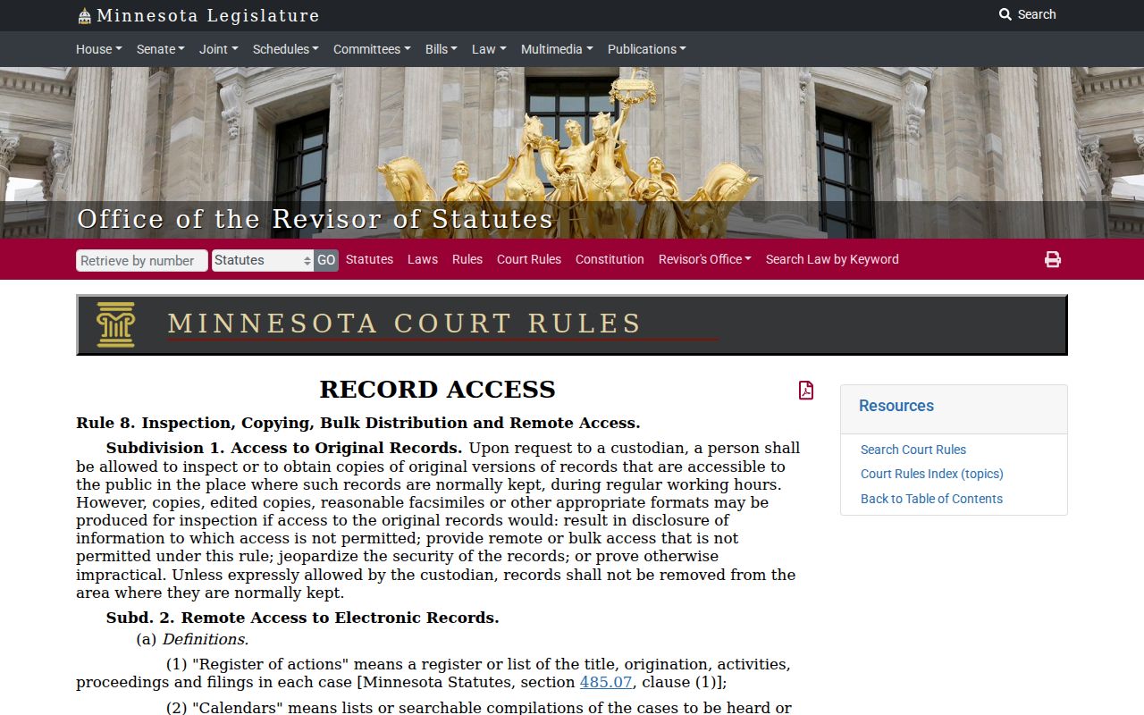 Faribault court-docket records access context from Minnesota Rule 8 source