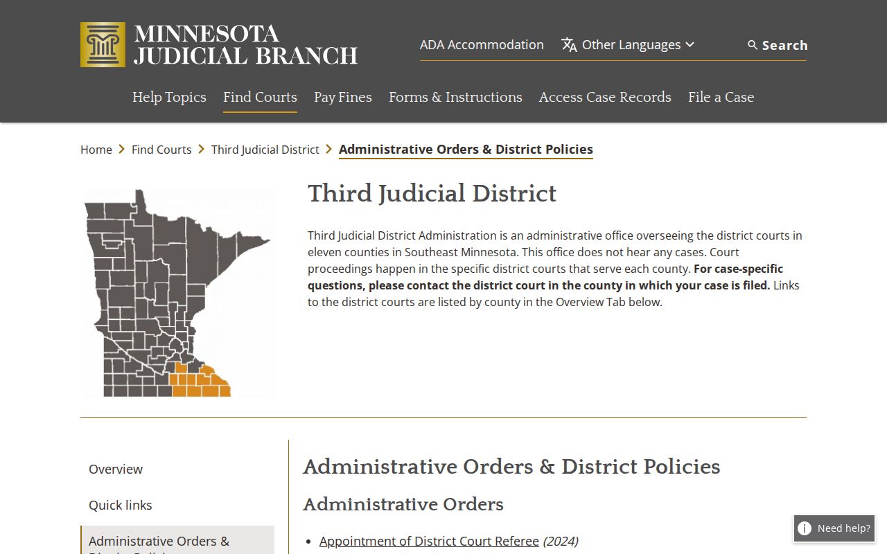 Rice County court calendar and Third Judicial District hearing policy