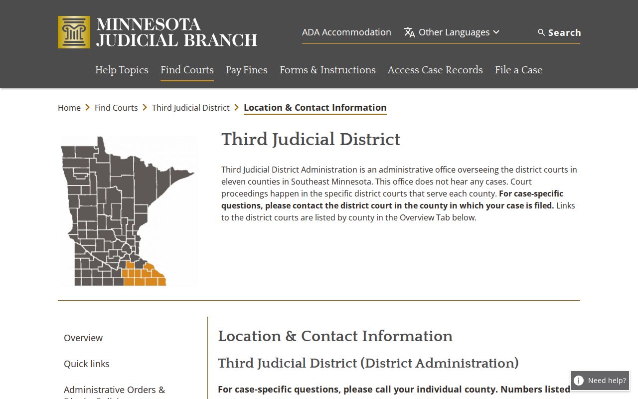 Rice County court calendar access through Third Judicial District location information