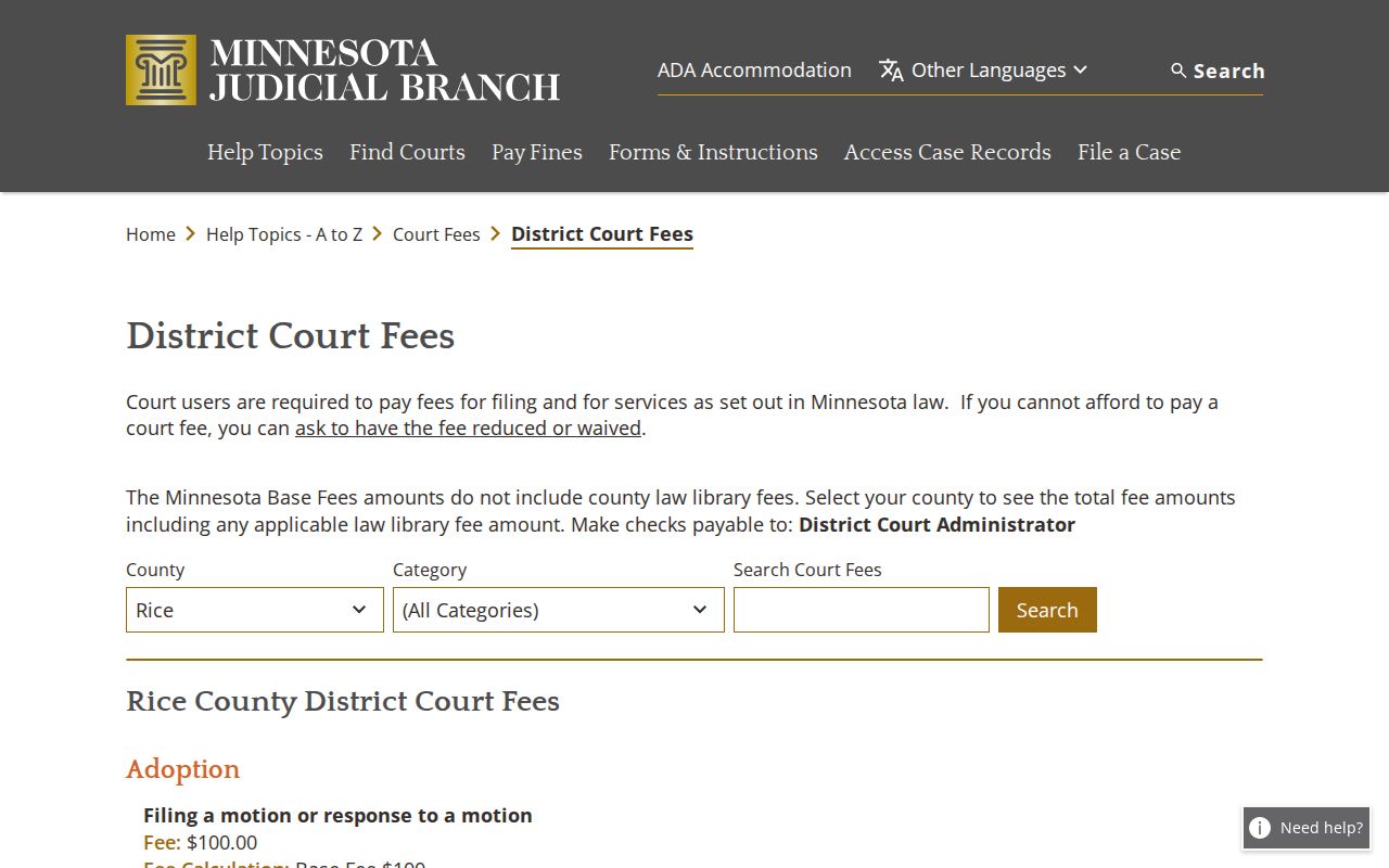 Rice County court records and court fee information
