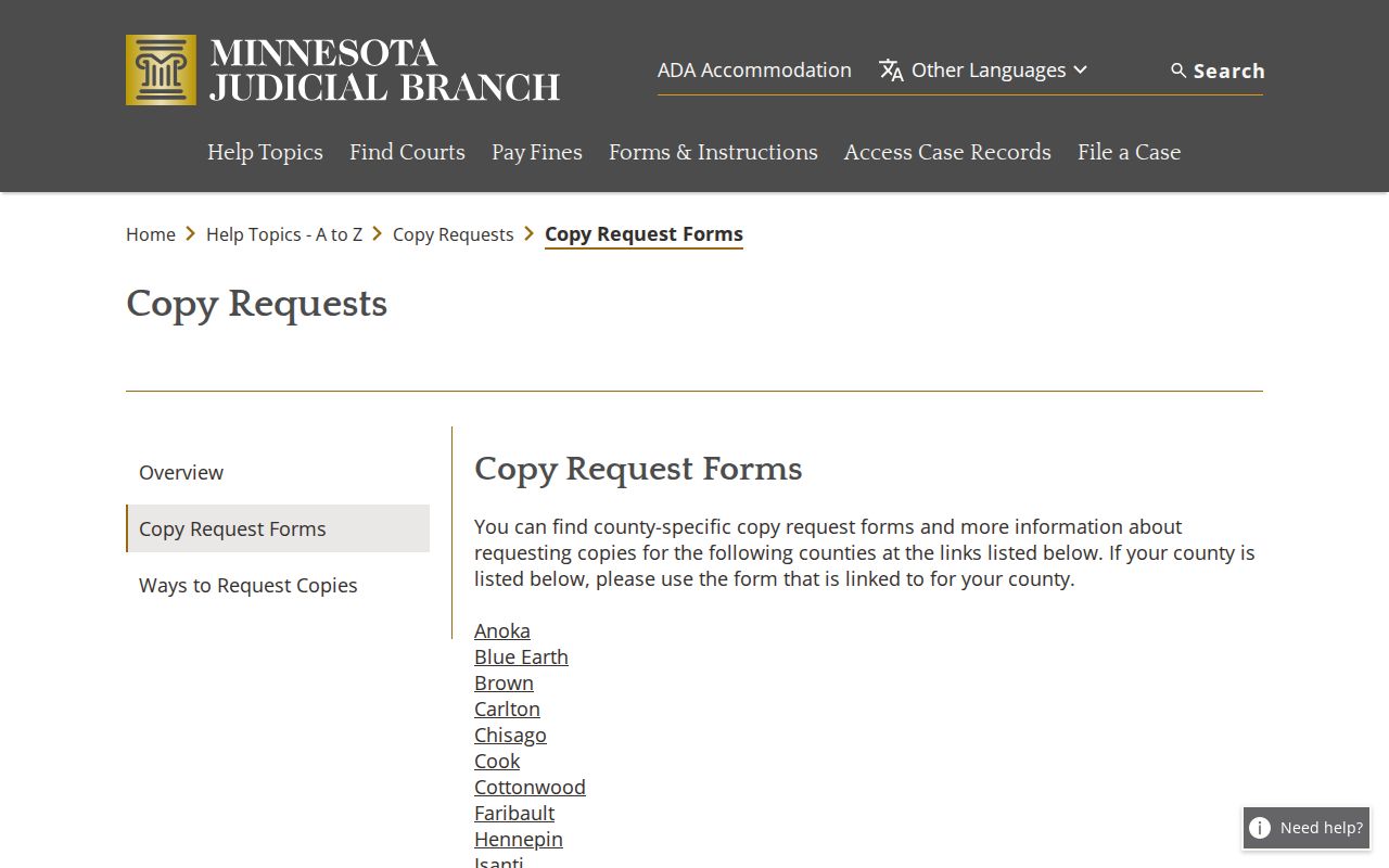 Rice County court records copy-request form information